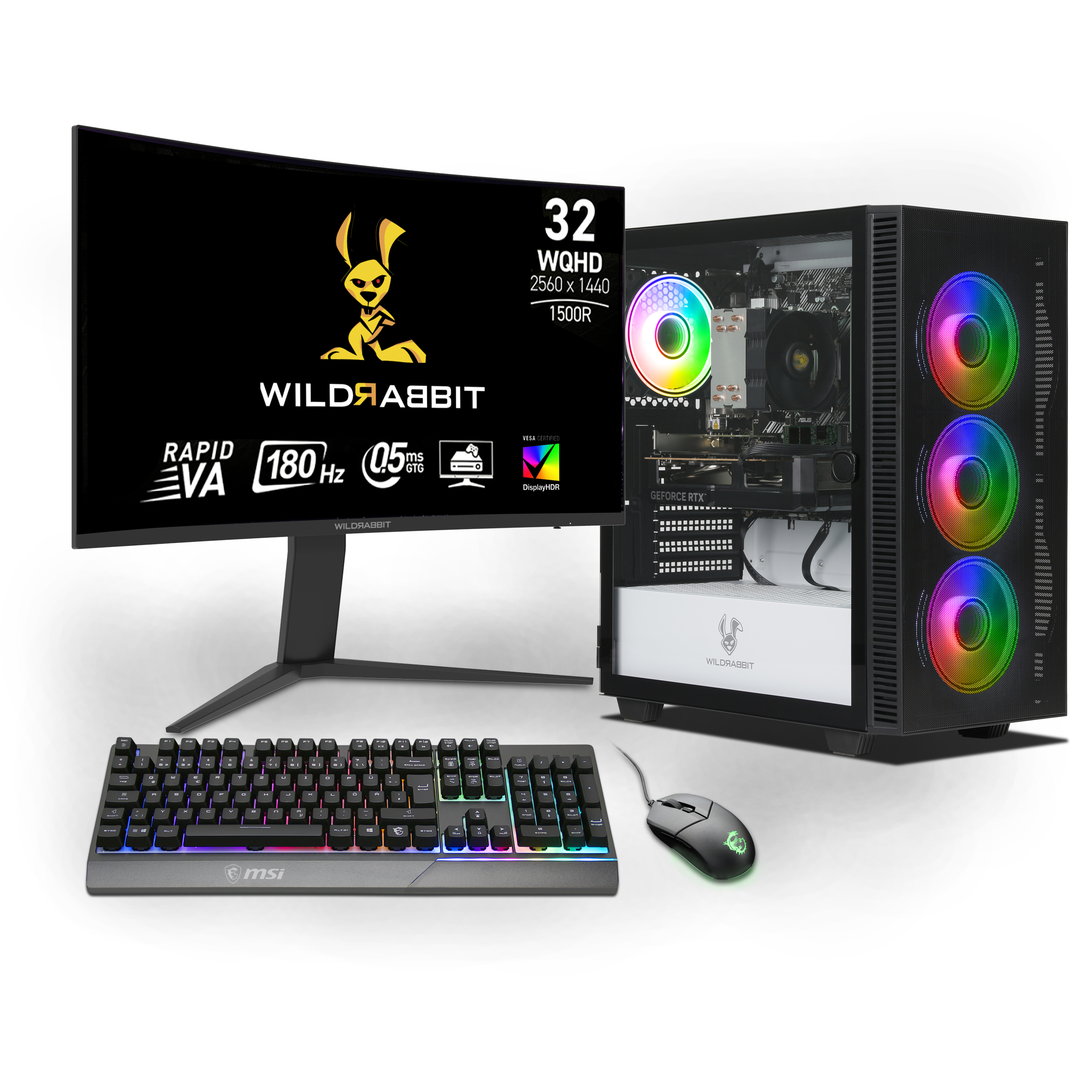 Starter Gaming Bundle | AMD Ryzen 7 5700X | Nvidia GeForce RTX 5060 8GB | 16GB RAM | 1TB NVMe SSD | Windows 11 | WLAN | Wildrabbit GMX 32" WQHD LCD Gaming Monitor | MSI VIGOR GK30 Combo | Libre Office