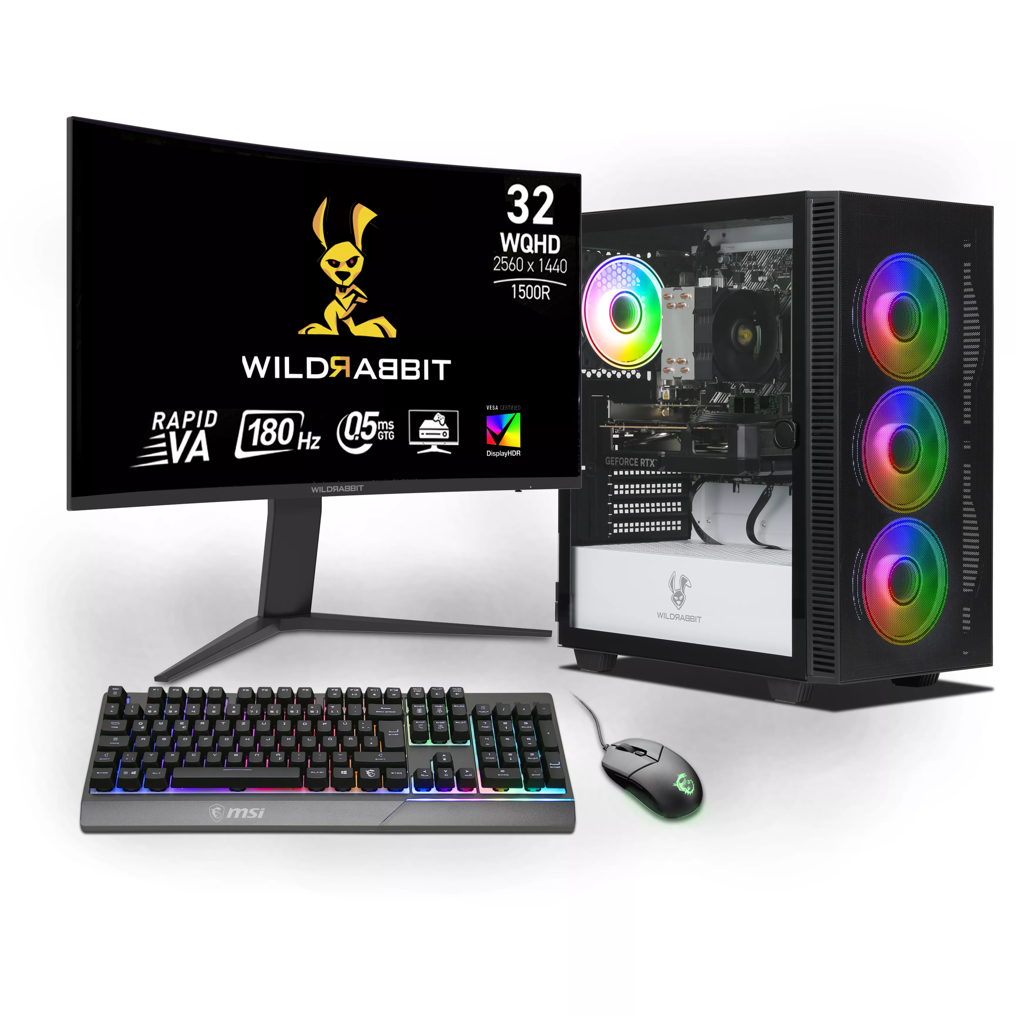 Starter Gaming Bundle | AMD Ryzen 7 5700X | Nvidia GeForce RTX 5060 8GB | 16GB RAM | 1TB NVMe SSD | Windows 11 | WLAN | Wildrabbit GMX 32" WQHD LCD Gaming Monitor | MSI VIGOR GK30 Combo | Libre Office
