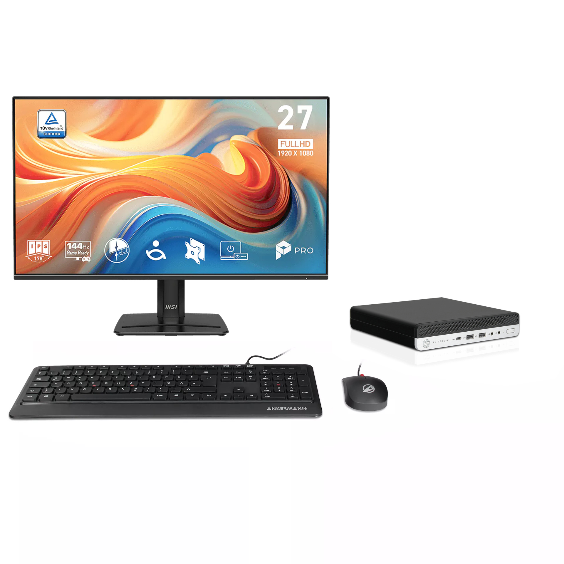 HP EliteDesk 800 G4 Mini PC Bundle | 16GB RAM | 500Go NVMe SSD | Windows 11 | Intel Core i5-8500T | MSI PRO MP 27" E14A Full-HD Monitor | Souris & clavier | MS Office 2024 HP EliteDesk 800 G4 Mini PC Bundle | 16GB RAM | 500Go NVMe SSD | Windows 11 | Intel Core i5-8500T | MSI PRO MP 27" E14A Full-HD Monitor | Souris & clavier | MS Office 2024