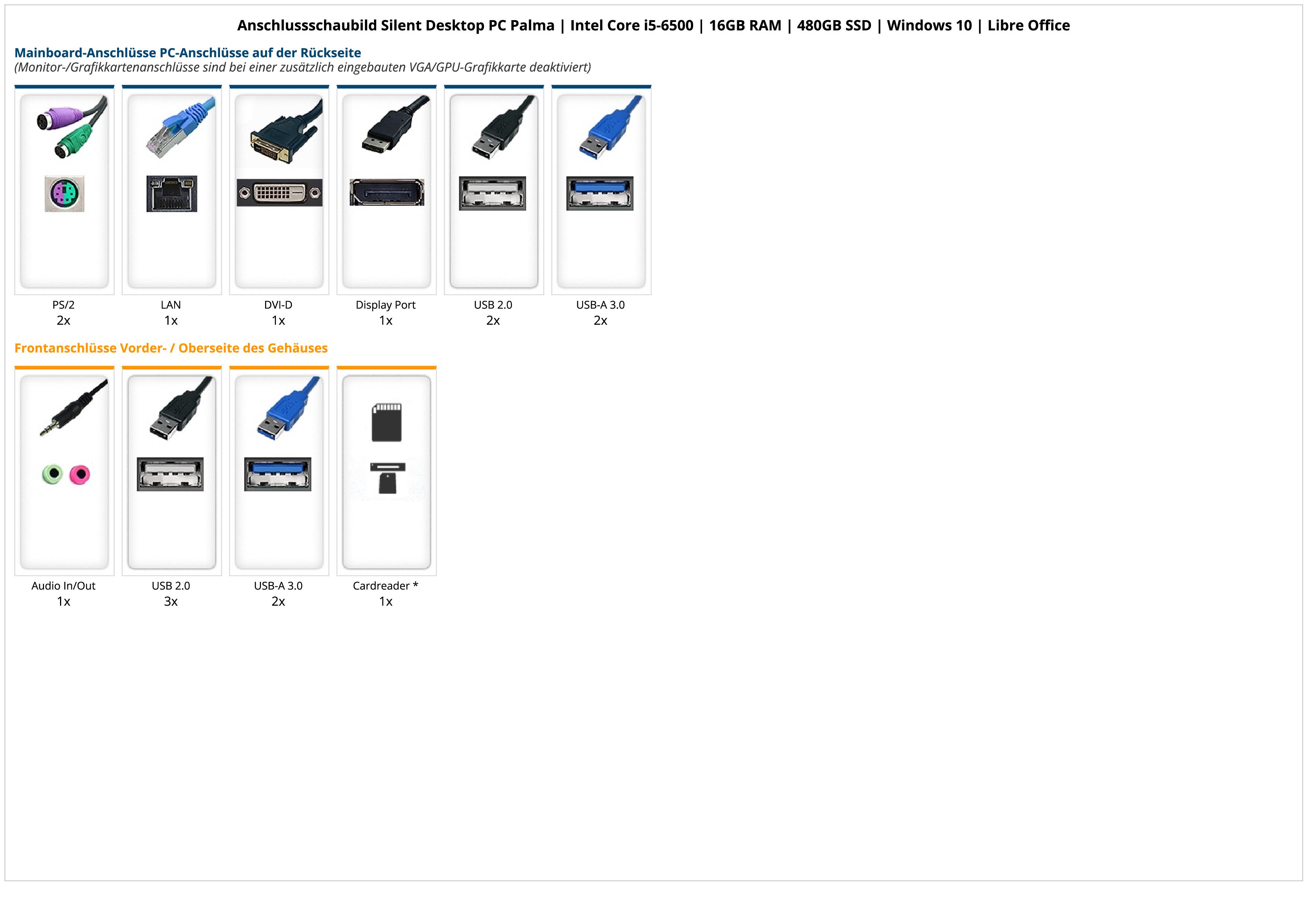 Silent Desktop PC Palma | Intel Core i5-6500 | 16GB RAM | 480GB SSD | Windows 10 | Libre Office