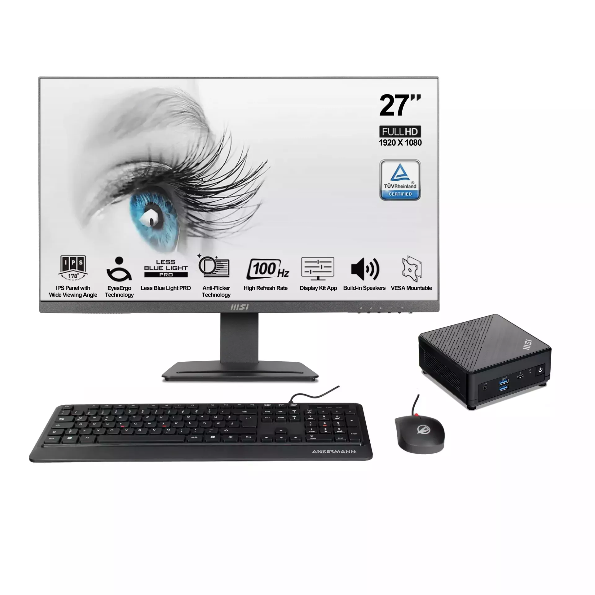 Office Cubi V3 Bundle | 32GB RAM | 1TB NVMe SSD | Windows 11 | Intel Core i7-1255U | WLAN & Bluetooth | 27" Monitor | Maus & Tastatur | MS Office 2024