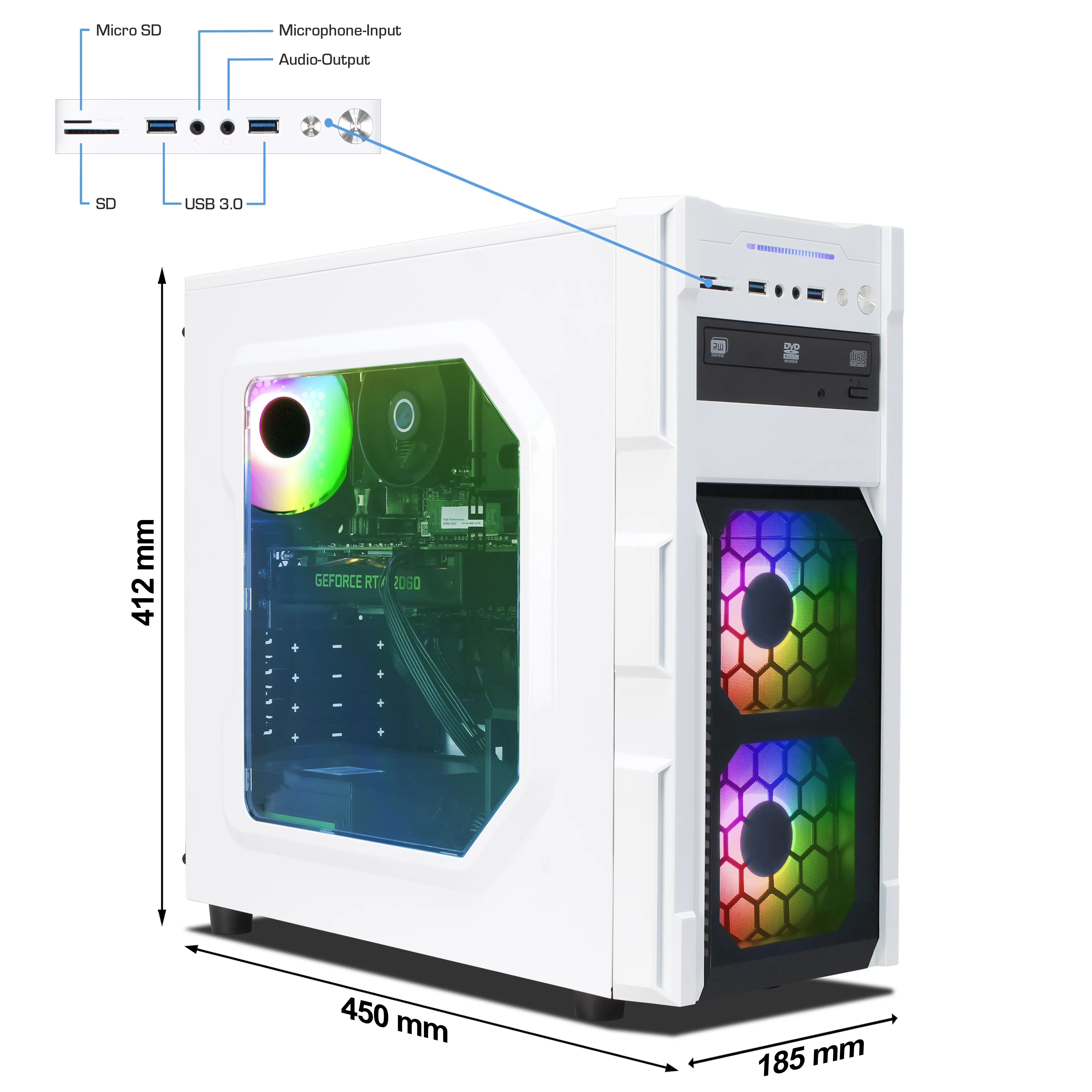 Business Office Game White | Intel Core i7-8700 | Nvidia GeForce RTX 2060 6 GB | 16GB RAM | 500GB NVMe SSD | Windows 11 | WiFi | Libre Office