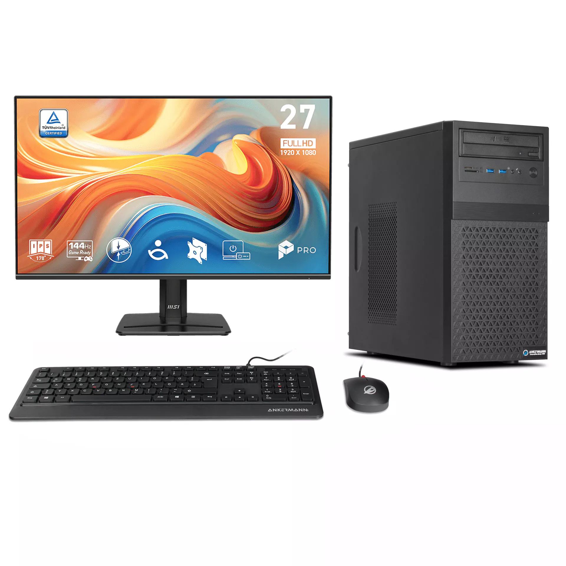 Business Office Work Komplett Set | Intel Core i5-14400F | Nvidia GeForce GT 710 4GB | 16GB DDR5 RAM | 1TB NVMe SSD | Windows 11 | WLAN & Bluetooth | MSI PRO MP 27" E14A Full-HD Monitor | Maus & Tastatur | Libre Office