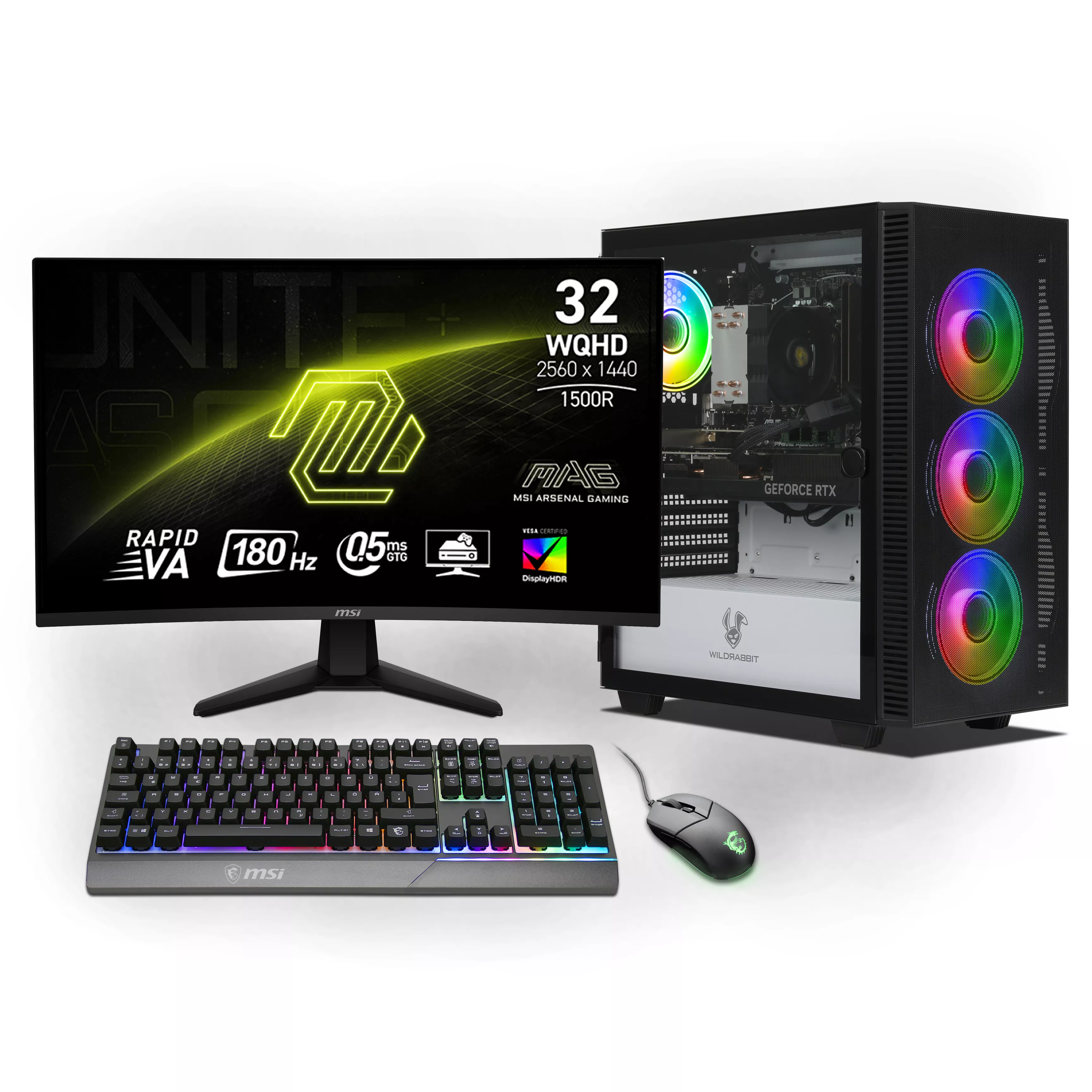 Ryzen Gaming Bundle | AMD Ryzen 7 8700F | Nvidia GeForce RTX 5070 12GB | 32GB DDR5 RAM | 1TB NVMe SSD | Windows 11 | WLAN | MSI MAG 32" Curved WQHD Gaming Monitor | MSI RGB Deutsche Tastatur | MSI GM11 Mouse | Libre Office