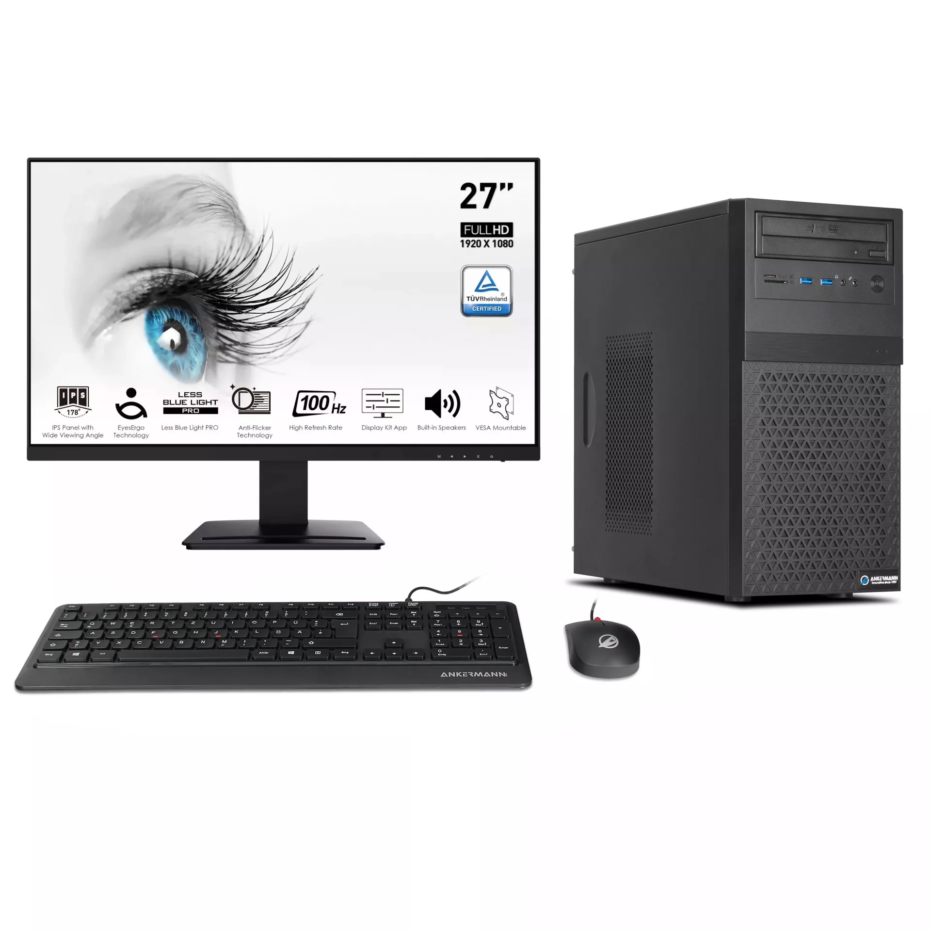 Business Office Work Komplett Set | Intel Core i5-14400F | Nvidia GeForce GT 740 4GB | 16GB DDR5 RAM | 1TB NVMe SSD | Windows 11 | WLAN & Bluetooth | 27" Monitor | Maus & Tastatur | Libre Office