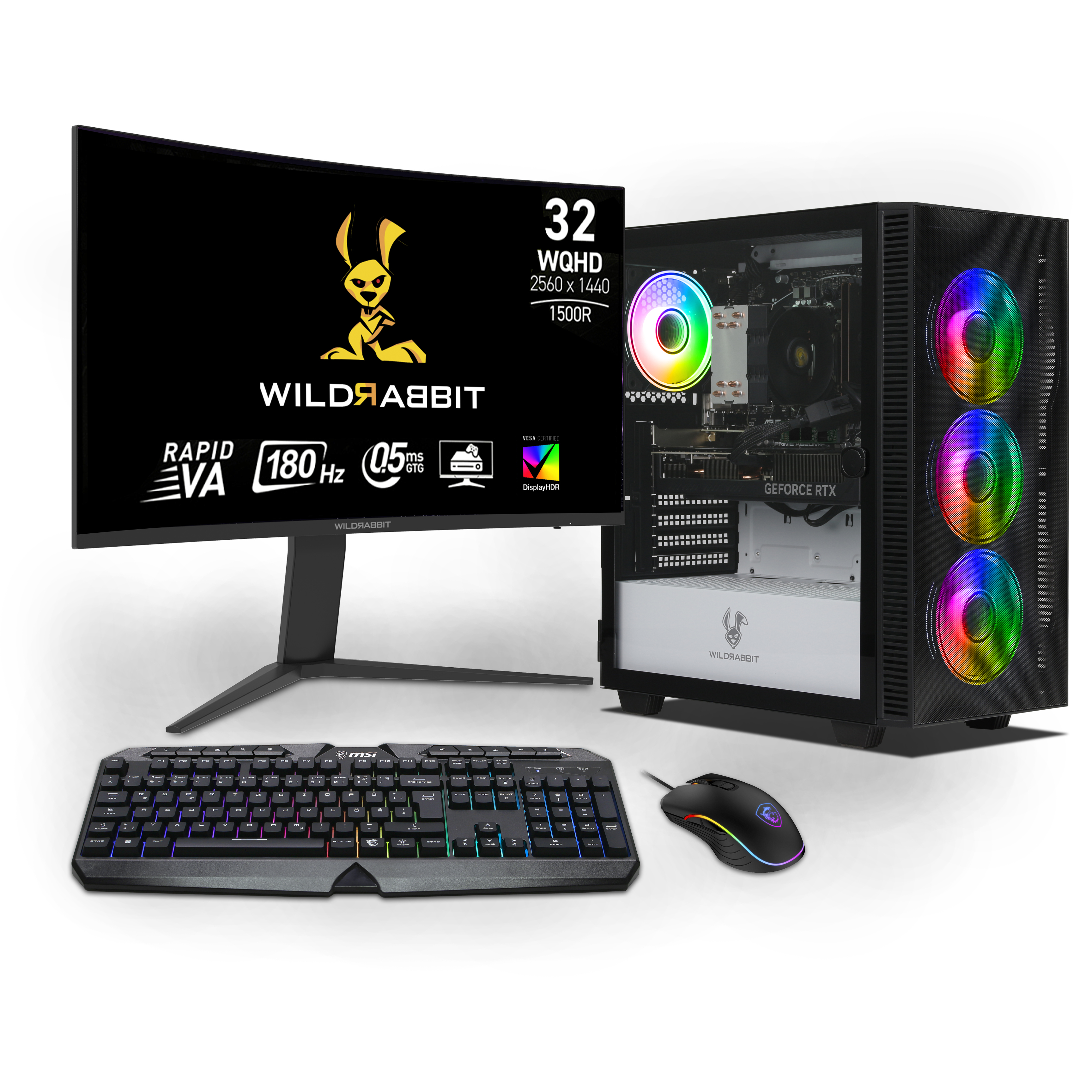 Ryzen Gaming Bundle | AMD Ryzen 7 8700F | Nvidia GeForce RTX 5070 12GB | 32GB DDR5 RAM | 1TB NVMe SSD | Windows 11 | WiFi | Wildrabbit GMX 32" WQHD LCD Gaming Monitor | Tastiera tedesca RGB di MSI | MSI Forge Mouse | Libre Office