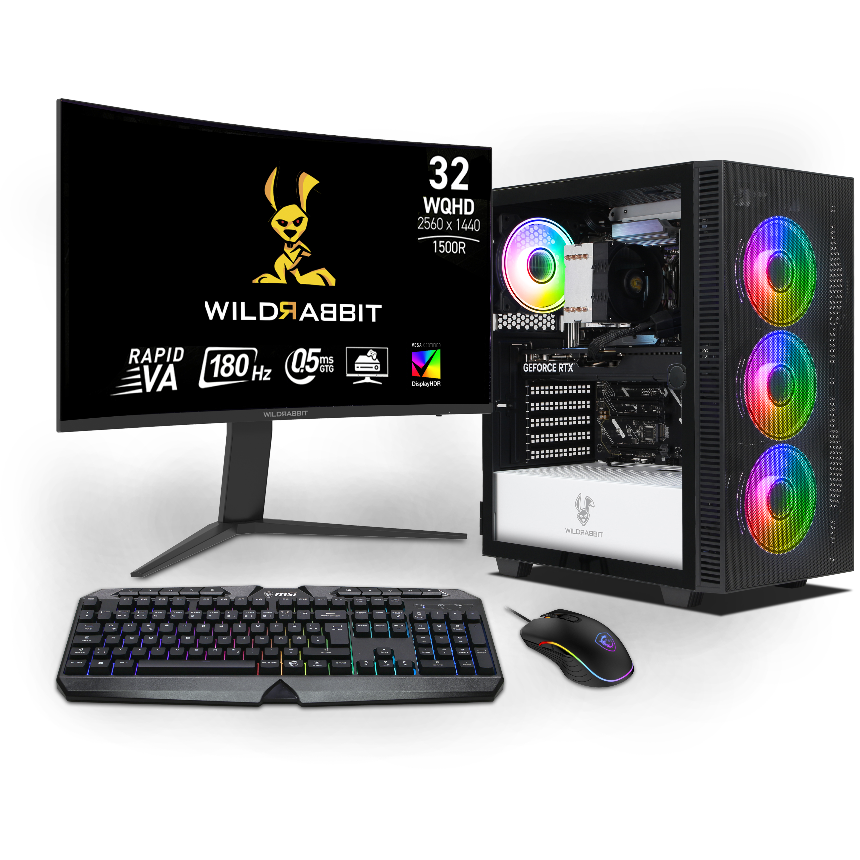 Wildrabbit Ultra Bundle | Intel Core Ultra 7 265KF | Nvidia GeForce RTX 5070 12GB | 32GB DDR5 RAM | 1TB NVMe SSD | Windows 11 | WiFi & Bluetooth | Wildrabbit GMX 32" WQHD LCD Gaming Monitor | Tastiera tedesca RGB di MSI | MSI Forge Mouse Wildrabbit Ultra Bundle | Intel Core Ultra 7 265KF | Nvidia GeForce RTX 5070 12GB | 32GB DDR5 RAM | 1TB NVMe SSD | Windows 11 | WiFi & Bluetooth | Wildrabbit GMX 32" WQHD LCD Gaming Monitor | Tastiera tedesca RGB di MSI | MSI Forge Mouse